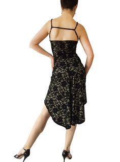 "This classic godet dress has been a part of our collection since 1998. Updated here in black stretch lace with your choice of lining colors. Simple straight front silhouette and swishy godet fishtail in back. Narrow elastic shoulder straps. Adjustable back strap for best fit. Fully lined. Size: -Front length: 22\" / 50.8cm -Back length: 30\" / 66cm -Longer lengths available on request, no additional charge. -Sizes 4 . Please see size chart below. Fabric & Care: -Easy care, no-wrinkle poly/s Knee-length Stretch Lace Midi Dress, Knee-length Lace Stretch Midi Dress, Stretch Lace Knee-length Midi Dress, Lace Midi Dress With Fitted Bodice For Gala, Knee-length Lace Midi Dress, Fitted Lace Dress With Lace Trim For Gala, Fitted Lace Dress With Lace Trim For Night Out, Sleeveless Fitted Lace Dress For Evening, Fitted Sleeveless Lace Dress For Evening