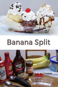 banana split with ice cream, bananas and other toppings on a plate next to an empty glass bowl