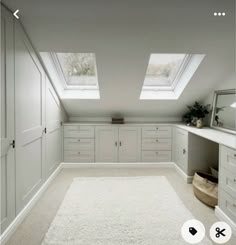 an attic bedroom with two skylights above the closets and carpet on the floor