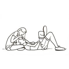 a drawing of two people sitting on the ground, one holding his leg up to another person