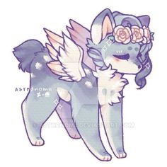 a drawing of a dog with wings and flowers on it's head, standing in front of a white background