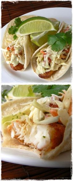 two pictures of fish tacos with limes and cilantro on the side