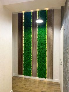 a hallway with wooden flooring and green grass on the wall