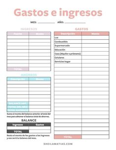 a printable spanish worksheet with the words, gasos e ingresos