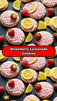 strawberry lemonade cookies are arranged on a black surface with strawberries and lemons