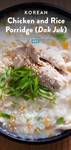 chicken and rice porridge in a bowl with green garnish on the side