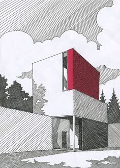 a drawing of a house in the middle of a field with trees and clouds behind it