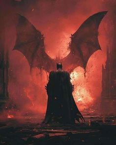 a man dressed as batman stands in front of a huge fire filled city at night