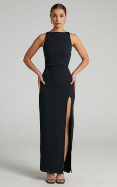 Indi Boat Neck Bodycon Maxi Dress in Black | Showpo USA Fitted Black Sleeveless Dress With Side Slits, Fitted Sleeveless Dress With Side Slits For Night Out, Sleek Fitted Dresses For Black-tie Events, Sleek Fitted Maxi Dress For Black-tie Events, Elegant Sleeveless Dress With Side Slits For Party, Elegant Sleeveless Dress With Side Slits For Night Out, Elegant Maxi Length Bodycon Sleeveless Dress, Black Sleeveless Midi Dress For Black-tie Events, Elegant Sleeveless Midi Dress For Black-tie Events