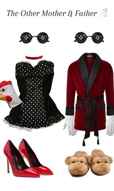 the other mother & father 2 costume is red, black and white with polka dots