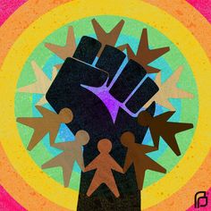 an illustration of a fist with people holding it in front of a colorful circular background