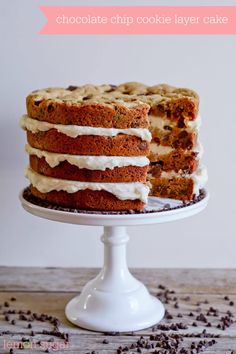 a cake with white frosting and chocolate chips on top