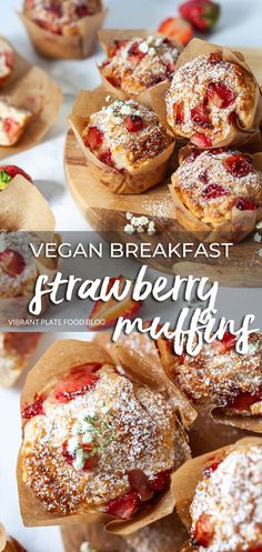 vegan breakfast strawberry muffins with powdered sugar on top