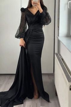 Evening Dress: Sequins V-Neck Long Sleeves Mermaid Split with Ruffle Champagne Gown, Fall Wedding Guest, Mother Wedding Dress, Long Sleeve Prom, Evening Dresses Cocktail, Long Sleeve Sequin, Mermaid Evening Dresses, Prom Dresses With Sleeves