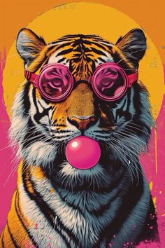 a painting of a tiger wearing pink glasses and blowing a bubble with its tongue out