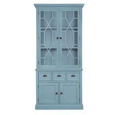 a blue china cabinet with glass doors on the front and drawers below it, against a white background