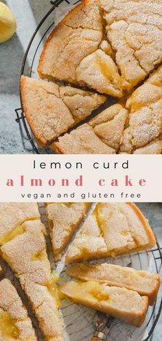 lemon curd almond cake on a wire rack with slices cut out and the text overlay reads, lemon curd almond cake vegan and gluten free