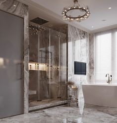 a bathroom with marble walls and flooring next to a bathtub in the corner