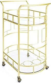 a gold metal baby crib with wheels and glass shelves on the bottom, against a white background