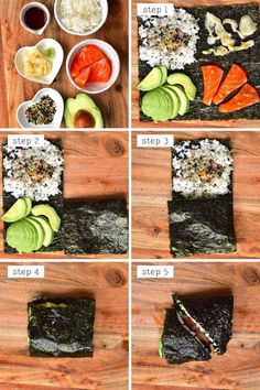 the steps to make sushi with avocado and salmon