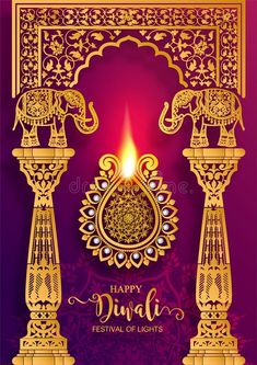 happy diwali festival with an elephant and candles on purple background royalty illustration