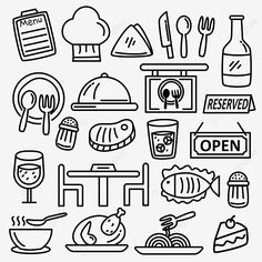 set of restaurant doodle vector illustration with black and white hand drawn style Restaurant Doodle, Meal Drawing, Cook Drawing, Knife Sketch, Drawing Restaurant, Sketch Fish, Fish Dessert, Restaurant Drawing, Dinner Drawing