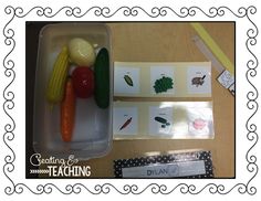 an assortment of fruits and vegetables in a plastic container with matching cards on the table