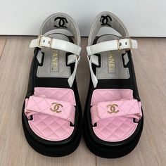 Never Worn Comes With Box And Dust Bags. Size 37 Modern Pink Leather Sandals, Designer Pink Open Toe Sandals, Designer Pink Leather Sandals, Luxury Pink Round Toe Sandals, Designer Pink Sandals With Removable Insole, Luxury Pink Sandals With Round Toe, Fluffy Ugg Slippers, Chanel Flip Flops, Prada Slippers