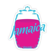 a pink and blue sticker with the word jamaica on it's bottom half