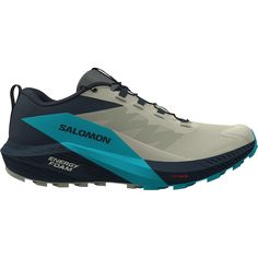 the salmon running shoe is available in grey, blue and green colors for men