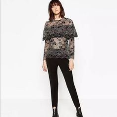 Zara Women Collection Lace Top / Blouse With Frill Brand New Without Tags. No Flaws. Msrp $120 Product Details: Hip-Length Top Long Sleeve Semi Sheer Fabric Large Floral Lace Pattern Large Horizontal Frill Around Back Teardrop With One Button Made With High Class Quality This Blouse Fits True To Size Fabric & Care: 62% Polyamide, 38% Viscose Machine Wash Elegant Stretch Blouse For Winter, Chic Long Sleeve Lace Top For Evening, Elegant Evening Tops For Winter, Elegant Lace Top For Winter, Elegant Winter Lace Top, Elegant Zara Blouse For Fall, Stretch Lace Top For Evening In Fall, Fitted Silver Blouse For Evening, Elegant Lace Top For Night Out In Fall