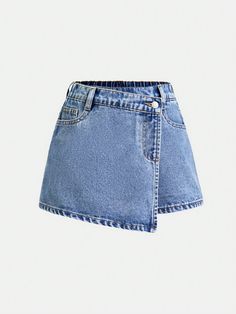 Mini Saia/short assimétrico stonewashed em Denim embrulhado na parte da frente, estilo Boêmio de Verão para Garotas pré-adolescentes. Roupas de verão para meninas. Lavagem clara    Jeans Simples Short-saia Não elástico  Tween Girls Clothing, size features are:Bust: ,Length: ,Sleeve Length: Look Shorts Jeans, Short Shein, Shein Bottoms, Look Short Jeans, Cute Mini Skirt Outfits, Skort Denim, Mini Jeans, Jean Skort, Shein Clothing