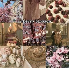 a collage of photos with pink flowers and teacups in the foreground