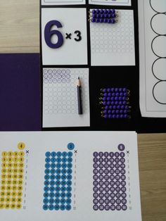 two sheets of paper with different colored beads on them next to pencils and numbers