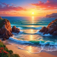 a painting of the sun setting over the ocean with waves crashing onto the shore and rocks in the foreground