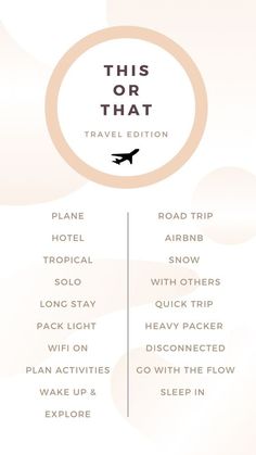 this or that travel guide is in the middle of a white and pink background with an airplane