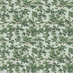 a green and white wallpaper with many trees on it's sides, all in the same pattern