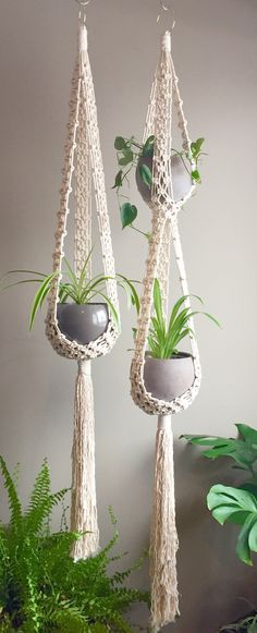 two macrame plant hangers with plants in them