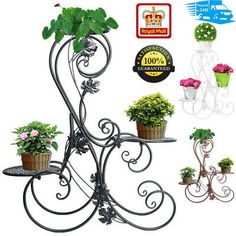 an iron plant stand with potted plants on it