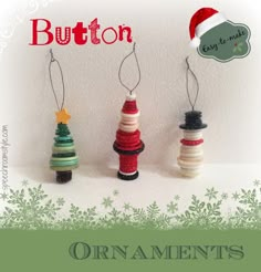 three small christmas trees made out of yarn and buttons with the words button easy to make