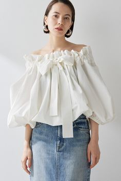 Shirts Blouses, Typewriter, Open Shoulder, New Era, Shirt Blouses, Off Shoulder, Ribbon, Blue And White, Style Inspiration