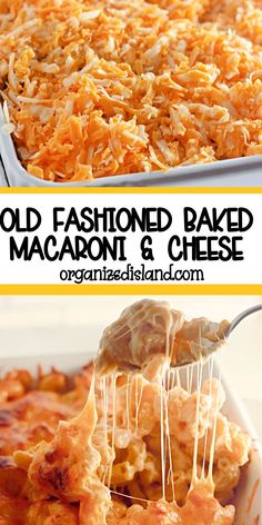 old fashioned baked macaroni and cheese is being scooped from a casserole dish