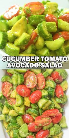 cucumber tomato and avocado salad is shown in two different pictures, one with