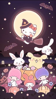 an image of hello kitty and friends in the night sky with pumpkins on the ground