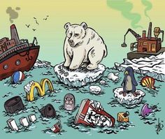 a polar bear sitting on top of an iceberg surrounded by trash