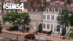 the sims 4 house is shown with cars parked in front and trees around it