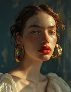 a woman with freckled hair wearing large gold hoop earrings and a white dress