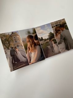 four different pictures of people in wedding dresses and tuxedos on a white background