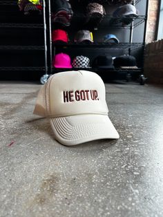 The He Got Up Trucker Hat is the perfect way to show people you believe in Jesus—in a lightweight, stylish way! Show off your faith with this unique hat, featuring a catchy phrase that reminds us all of Jesus' resurrection. Get yours now - He Got Up! Catchy Phrases, Jesus Resurrection, Unique Hats, Get Up, Baseball Cap, Trucker Hat, Baseball Hats, Hats