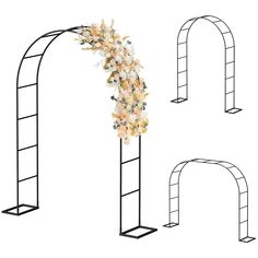 an arch with flowers on the top and bottom is shown in three different positions, including one